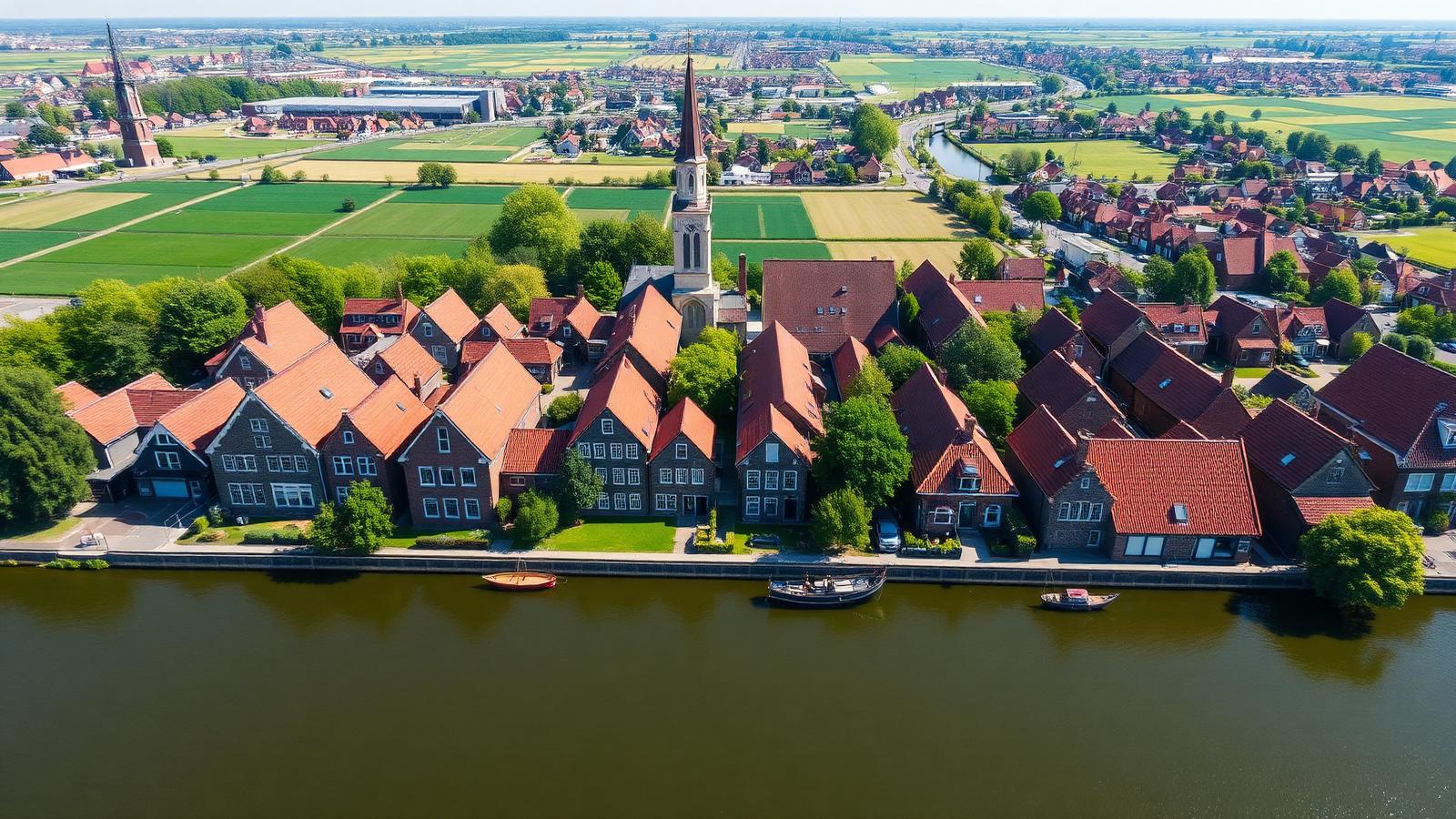Luchtfoto van historische grachtenpanden en polderlandschap rond Alkmaar